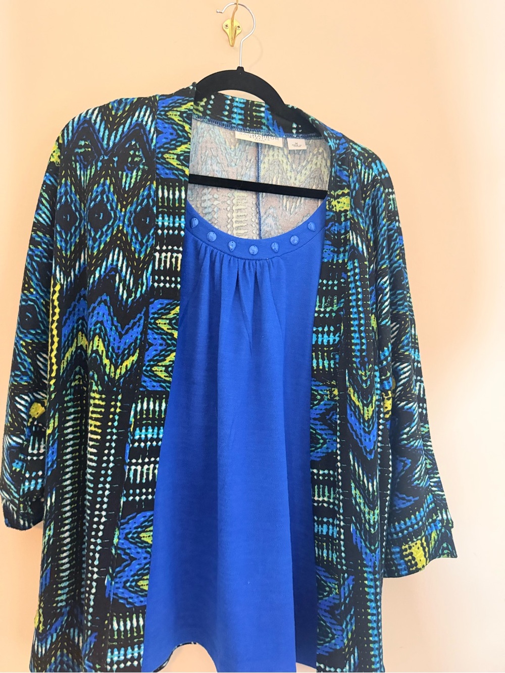 Sag Harbor Blue Geometric Print Open Cardigan with Royal Blue Tank